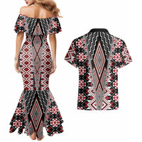 Red Aotearoa Tukutuku and Poutama Motif Couples Matching Mermaid Dress and Hawaiian Shirt