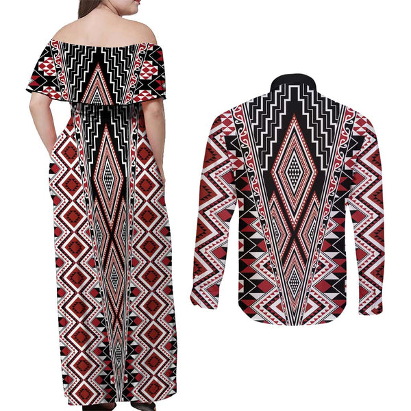 New Zealand Aotearoa Rugby Couples Matching Off Shoulder Short Dress and Long Sleeve Button Shirts NZ Tiki With Maori Fern World Cup Green Version LT14 main image 1