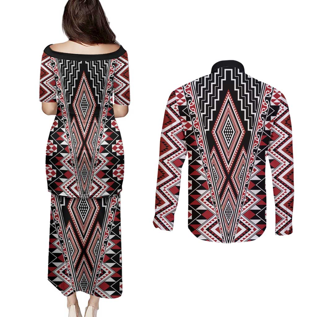 Red Aotearoa Tukutuku and Poutama Motif Couples Matching Puletasi and Long Sleeve Button Shirt