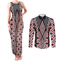 Red Aotearoa Tukutuku and Poutama Motif Couples Matching Tank Maxi Dress and Long Sleeve Button Shirt
