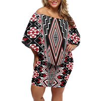 Red Aotearoa Tukutuku and Poutama Motif Family Matching Off Shoulder Short Dress and Hawaiian Shirt
