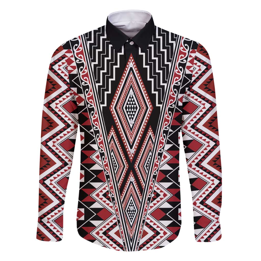 Red Aotearoa Tukutuku and Poutama Motif Family Matching Tank Maxi Dress and Hawaiian Shirt