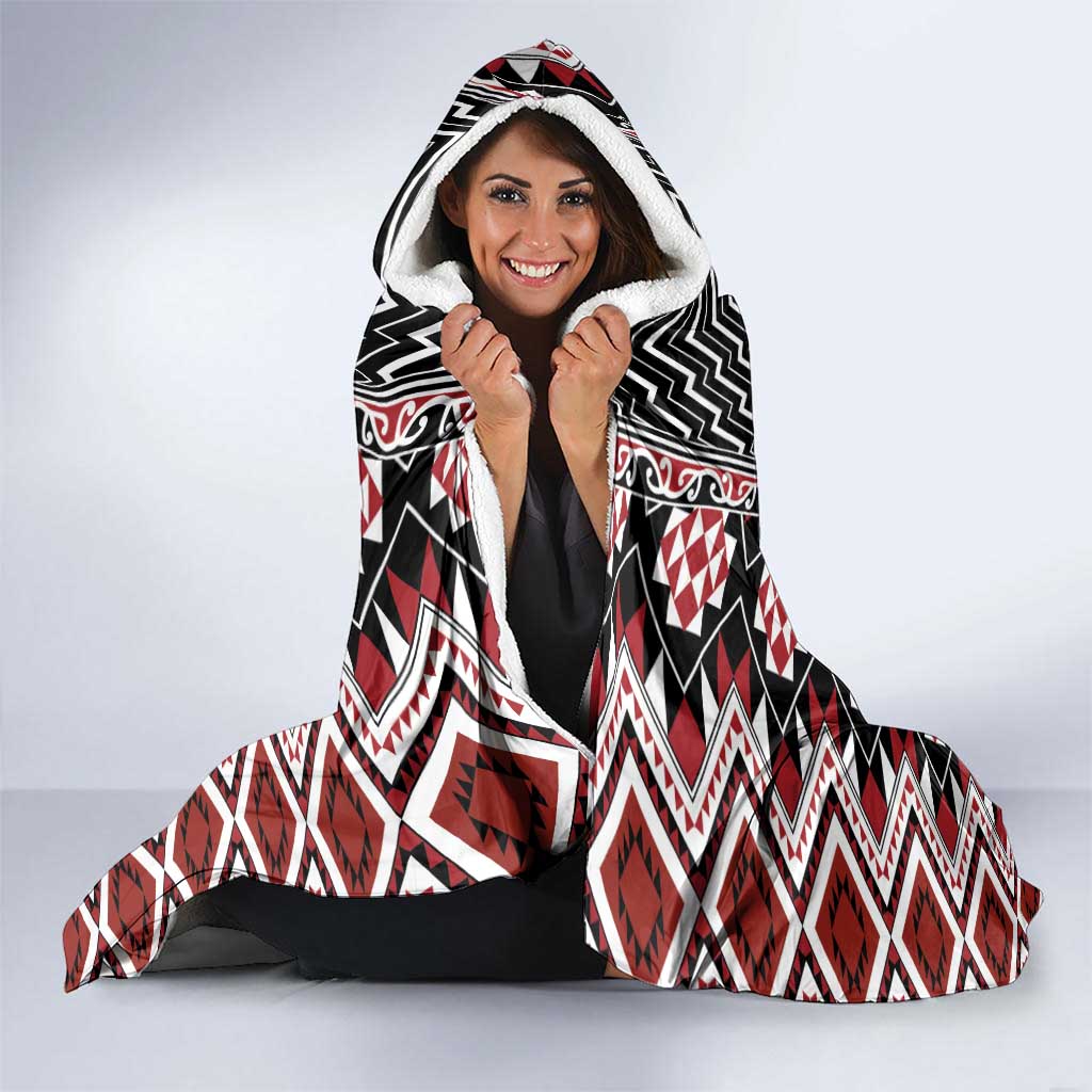 Red Aotearoa Tukutuku and Poutama Motif Hooded Blanket