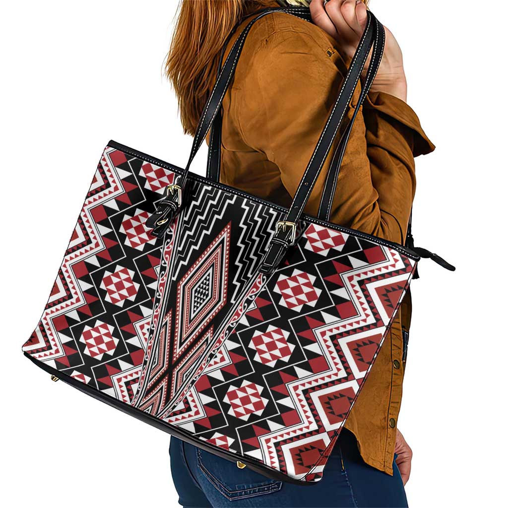 Red Aotearoa Tukutuku and Poutama Motif Leather Tote Bag