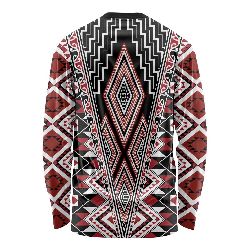 Red Aotearoa Tukutuku and Poutama Motif Long Sleeve Shirt
