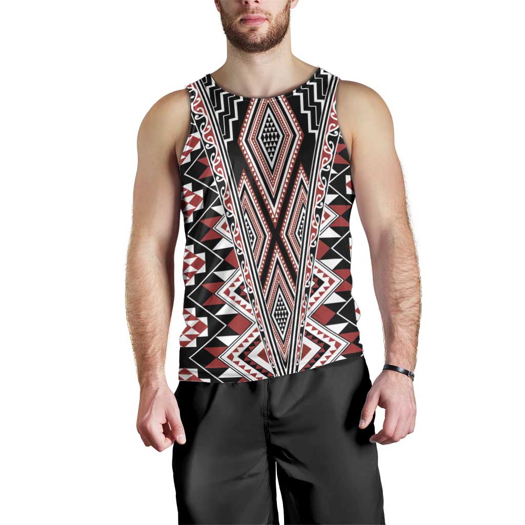 Red Aotearoa Tukutuku and Poutama Motif Men Tank Top
