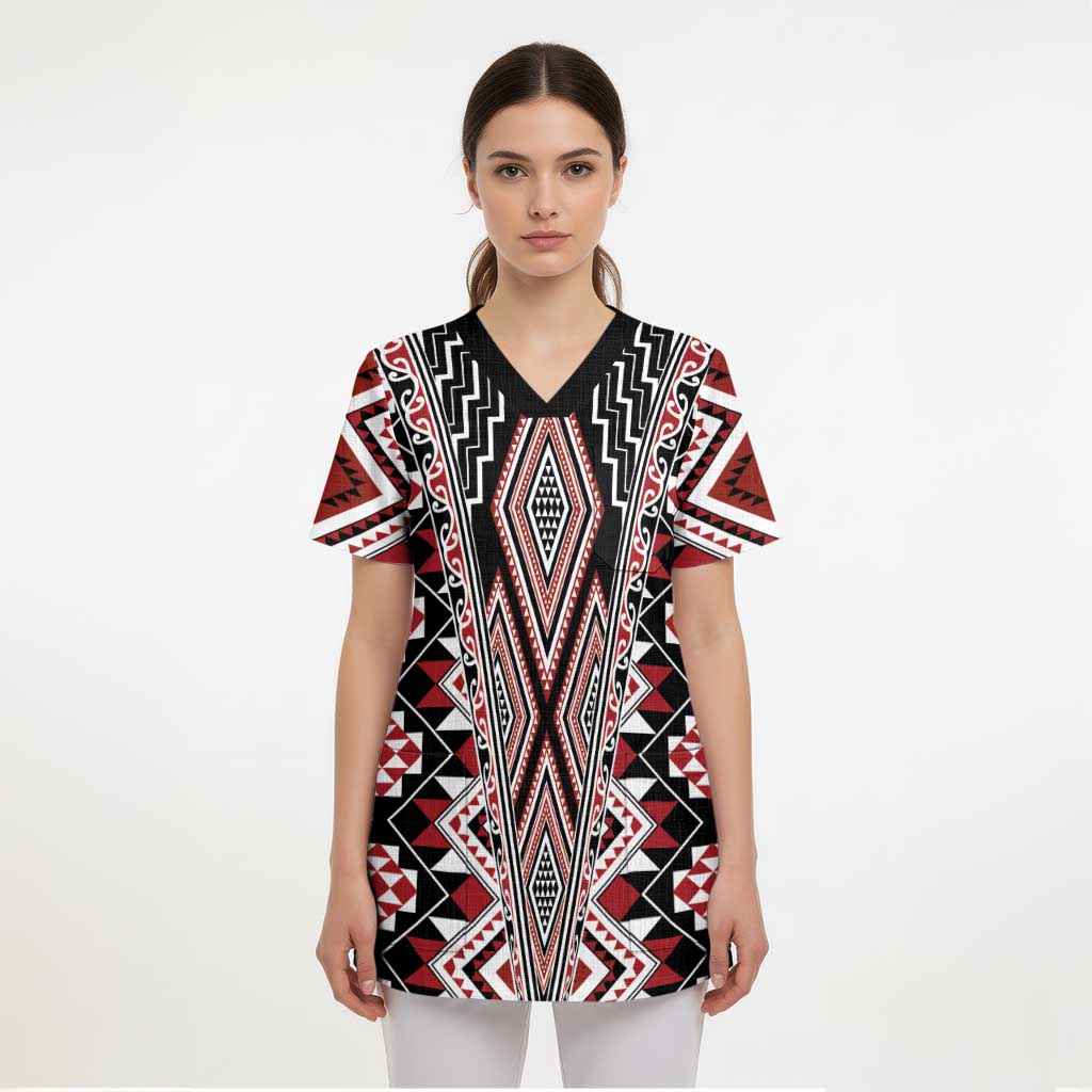 Red Aotearoa Tukutuku and Poutama Motif Scrub Top - Polynesian Pride