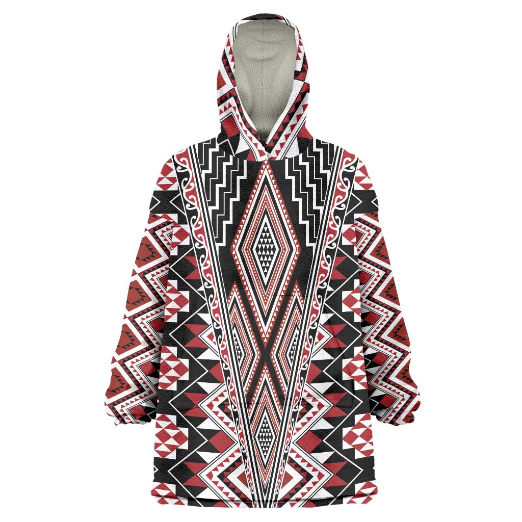 Red Aotearoa Tukutuku and Poutama Motif Wearable Blanket Hoodie LT03 One Size Red - Polynesian Pride
