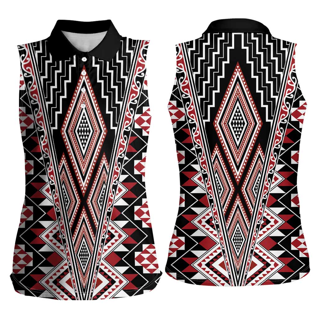 Red Aotearoa Tukutuku and Poutama Motif Women Sleeveless Polo Shirt