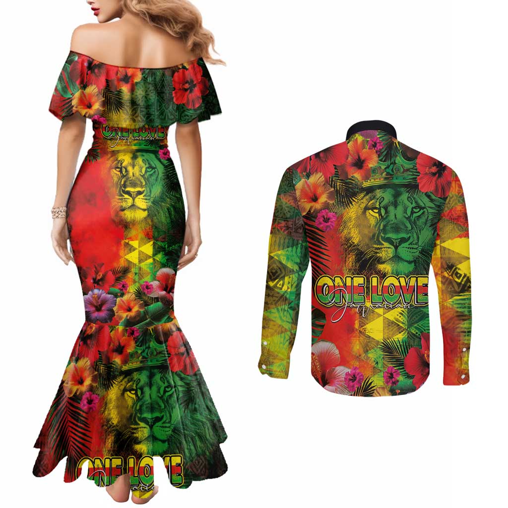 Hawaiian Reggae Couples Matching Mermaid Dress and Long Sleeve Button Shirt Tropical Plants and Tribal Kakau Tattoo-One Love Jawaiian
