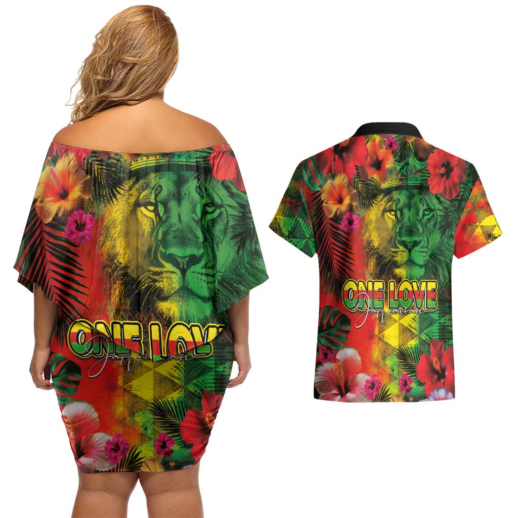 Hawaiian Reggae Couples Matching Off Shoulder Short Dress and Hawaiian Shirt Tropical Plants and Tribal Kakau Tattoo-One Love Jawaiian