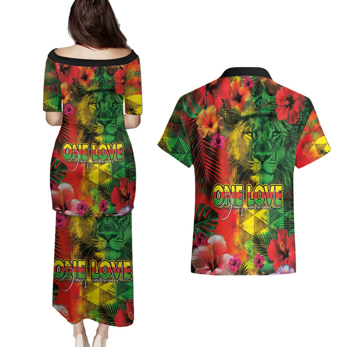 Hawaiian Reggae Couples Matching Puletasi and Hawaiian Shirt Tropical Plants and Tribal Kakau Tattoo-One Love Jawaiian