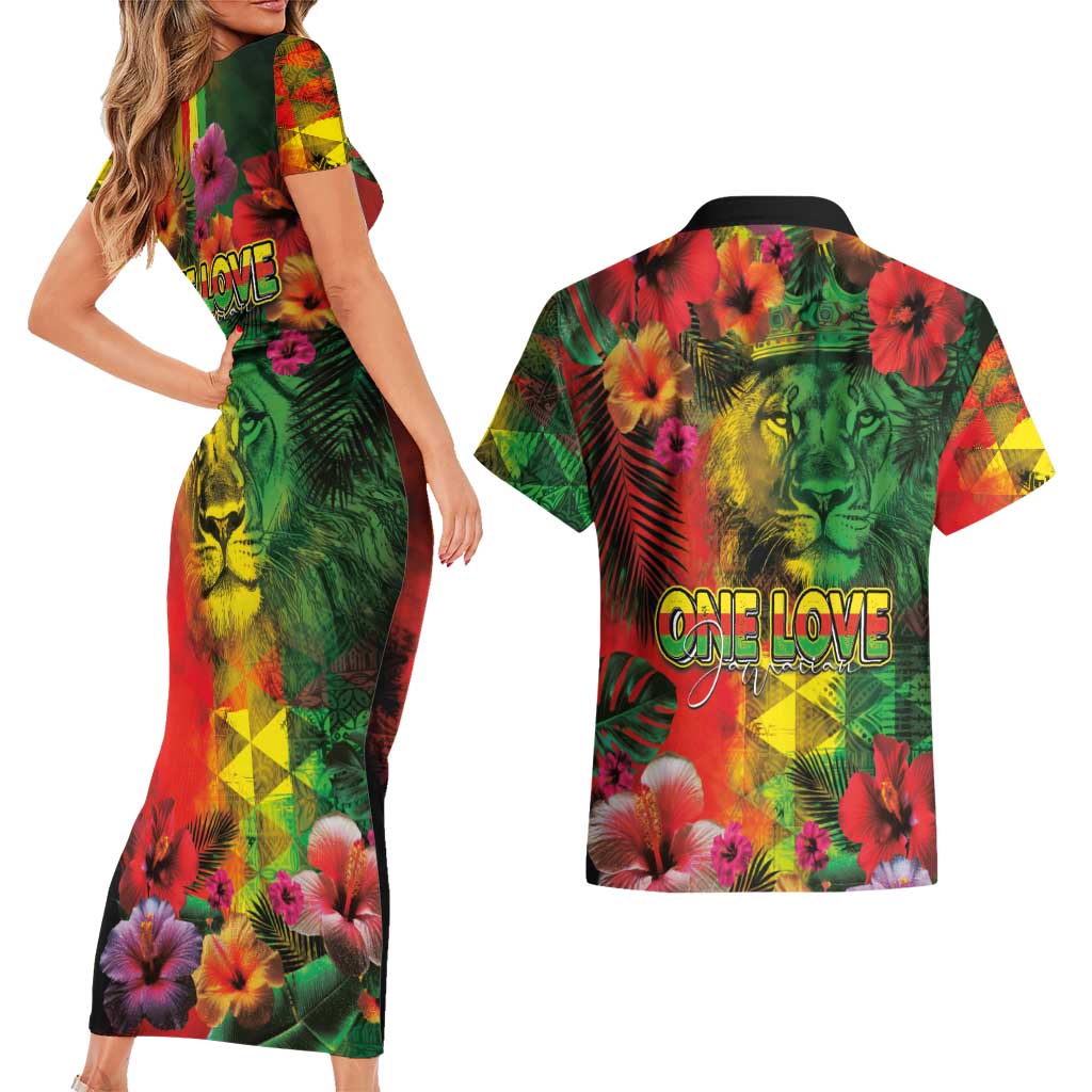 Hawaiian Reggae Couples Matching Short Sleeve Bodycon Dress and Hawaiian Shirt Tropical Plants and Tribal Kakau Tattoo-One Love Jawaiian