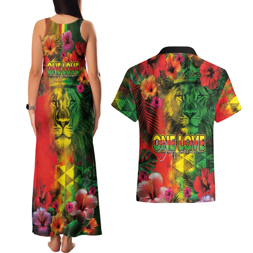 Hawaiian Reggae Couples Matching Tank Maxi Dress and Hawaiian Shirt Tropical Plants and Tribal Kakau Tattoo-One Love Jawaiian