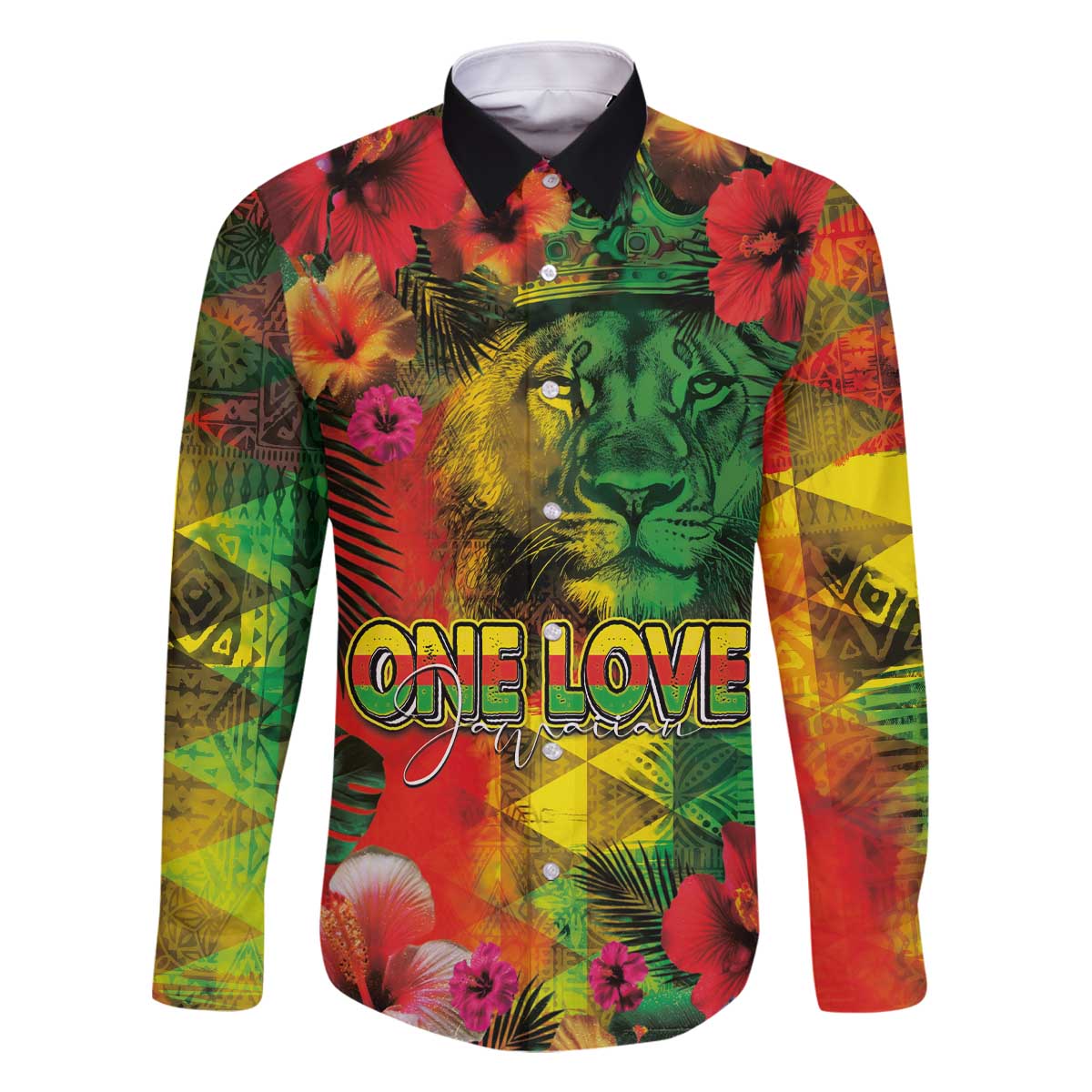 Hawaiian Reggae Family Matching Off The Shoulder Long Sleeve Dress and Hawaiian Shirt Tropical Plants and Tribal Kakau Tattoo-One Love Jawaiian