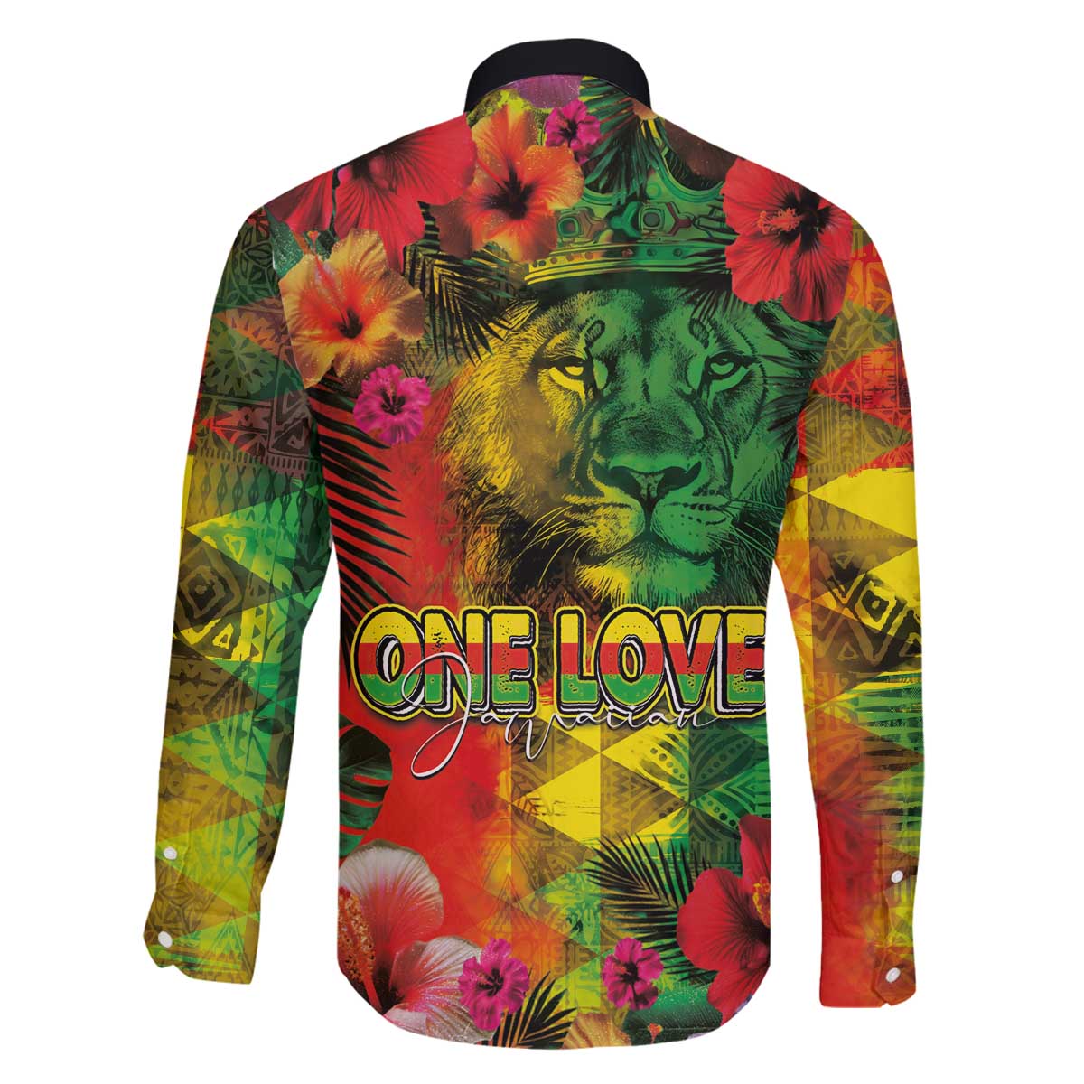 Hawaiian Reggae Family Matching Off The Shoulder Long Sleeve Dress and Hawaiian Shirt Tropical Plants and Tribal Kakau Tattoo-One Love Jawaiian