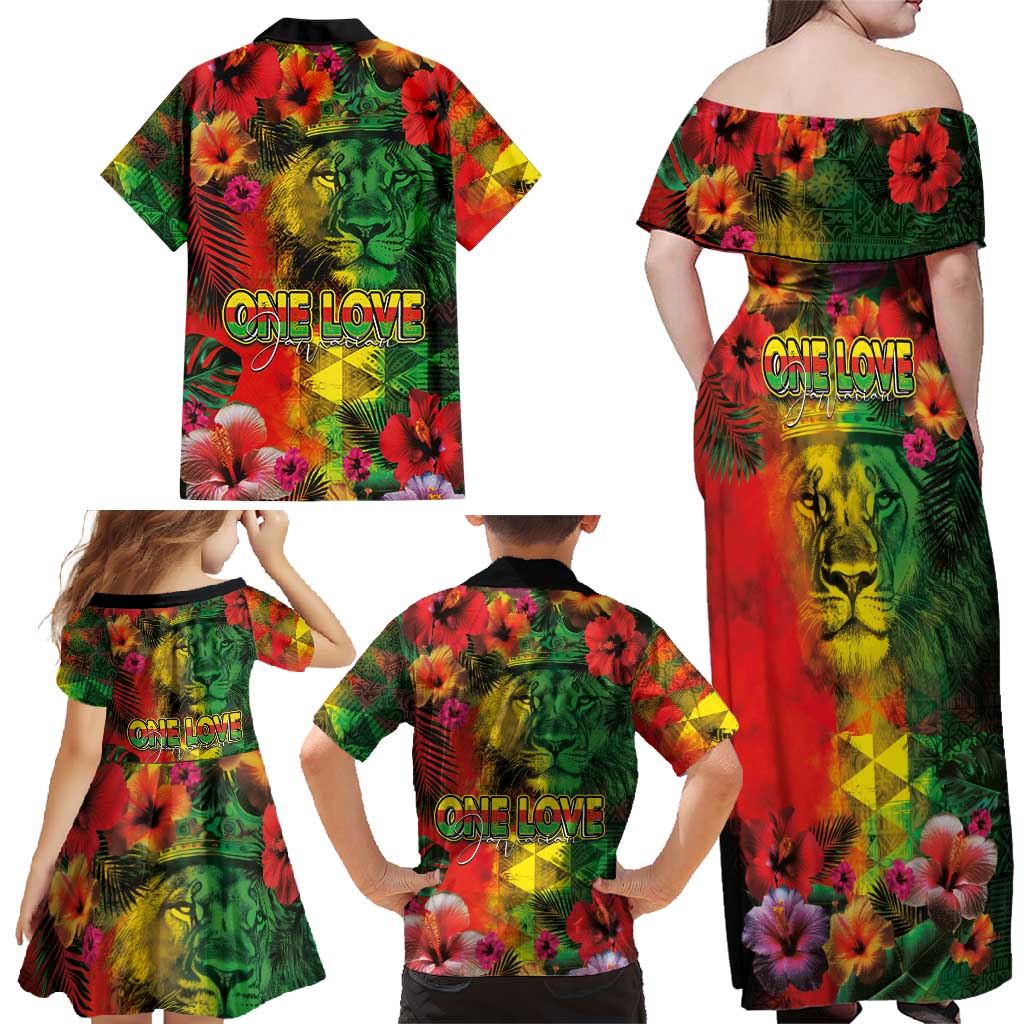 Hawaiian Reggae Family Matching Off Shoulder Maxi Dress and Hawaiian Shirt Tropical Plants and Tribal Kakau Tattoo-One Love Jawaiian