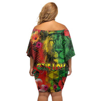 Hawaiian Reggae Family Matching Off Shoulder Short Dress and Hawaiian Shirt Tropical Plants and Tribal Kakau Tattoo-One Love Jawaiian