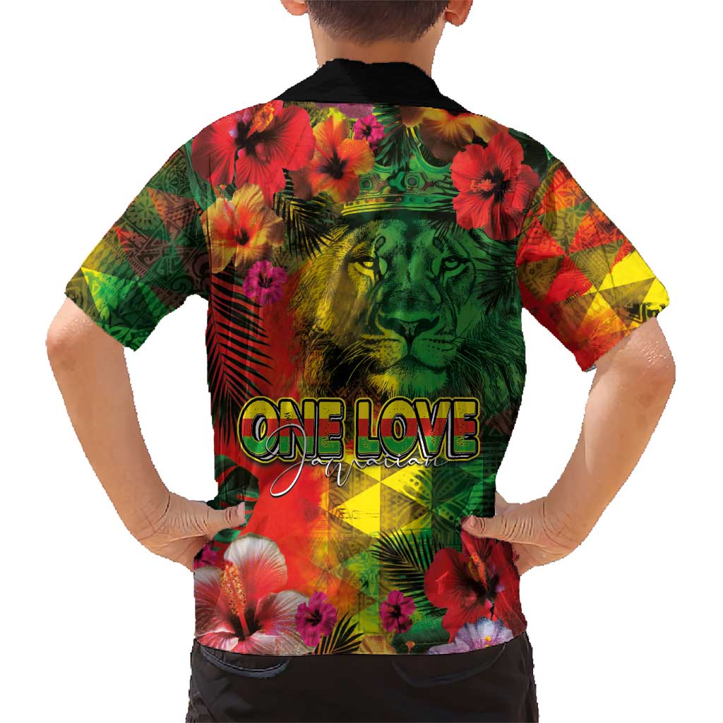 Hawaiian Reggae Family Matching Short Sleeve Bodycon Dress and Hawaiian Shirt Tropical Plants and Tribal Kakau Tattoo-One Love Jawaiian