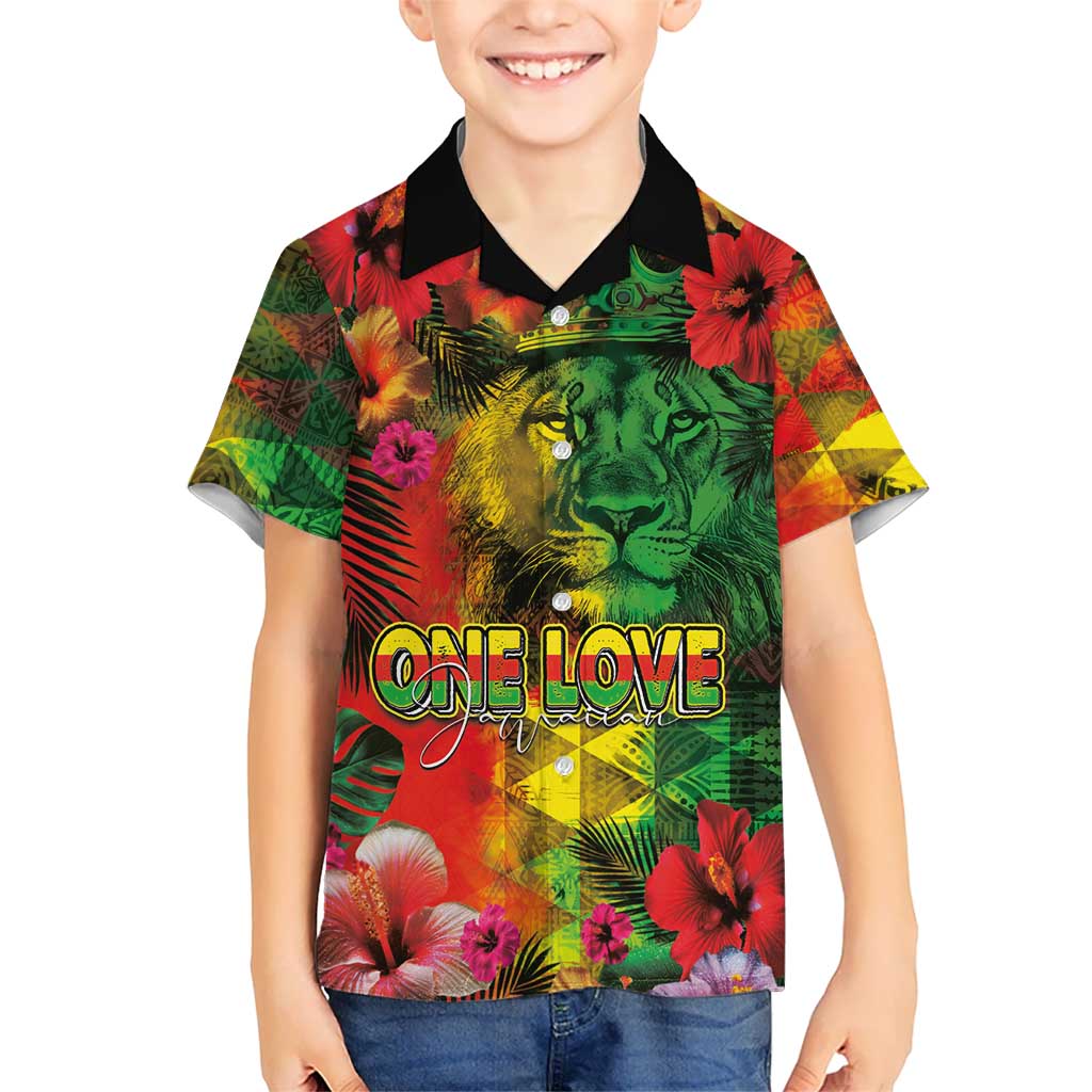 Hawaiian Reggae Kid Hawaiian Shirt Tropical Plants and Tribal Kakau Tattoo-One Love Jawaiian