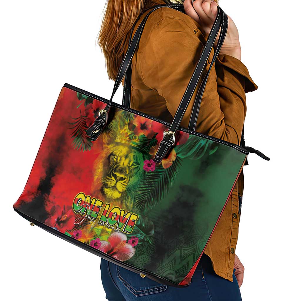 Hawaiian Reggae Leather Tote Bag Tropical Plants and Tribal Kakau Tattoo-One Love Jawaiian