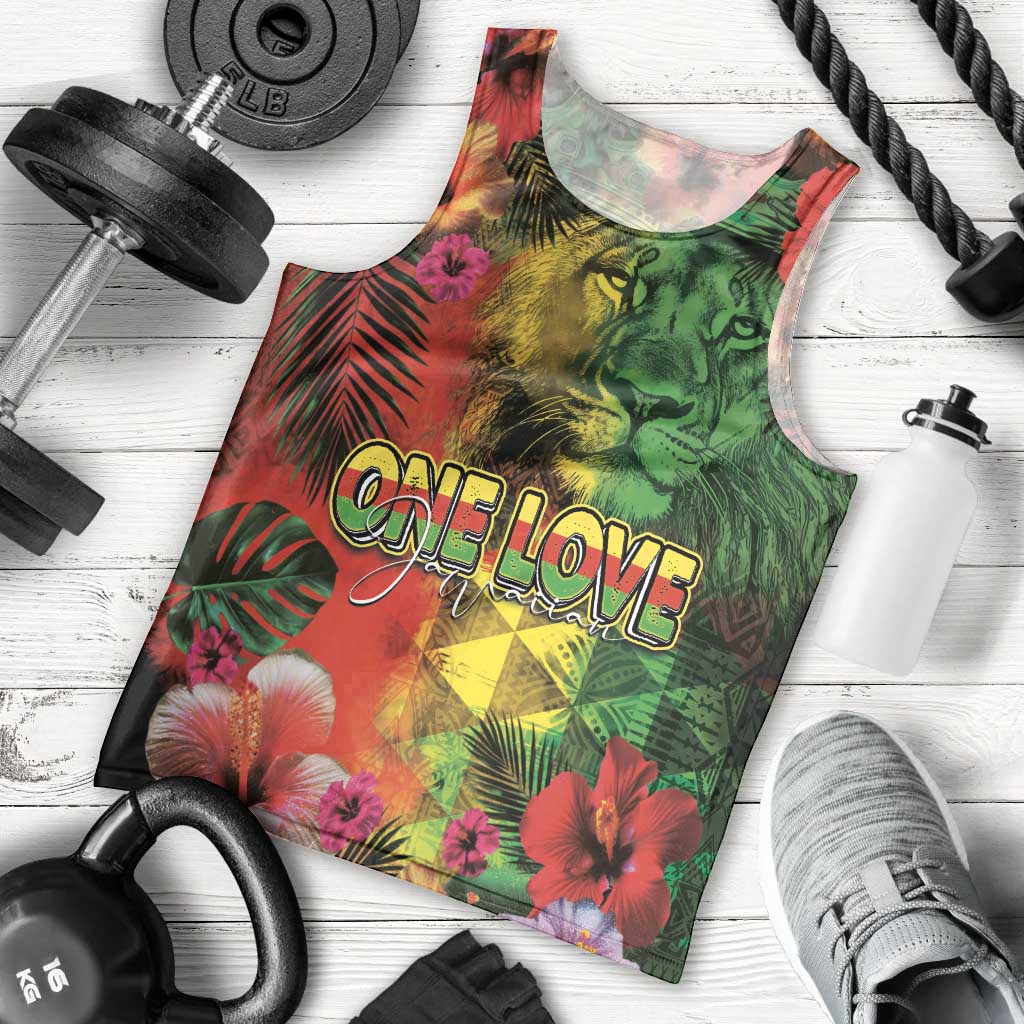 Hawaiian Reggae Men Tank Top Tropical Plants and Tribal Kakau Tattoo-One Love Jawaiian