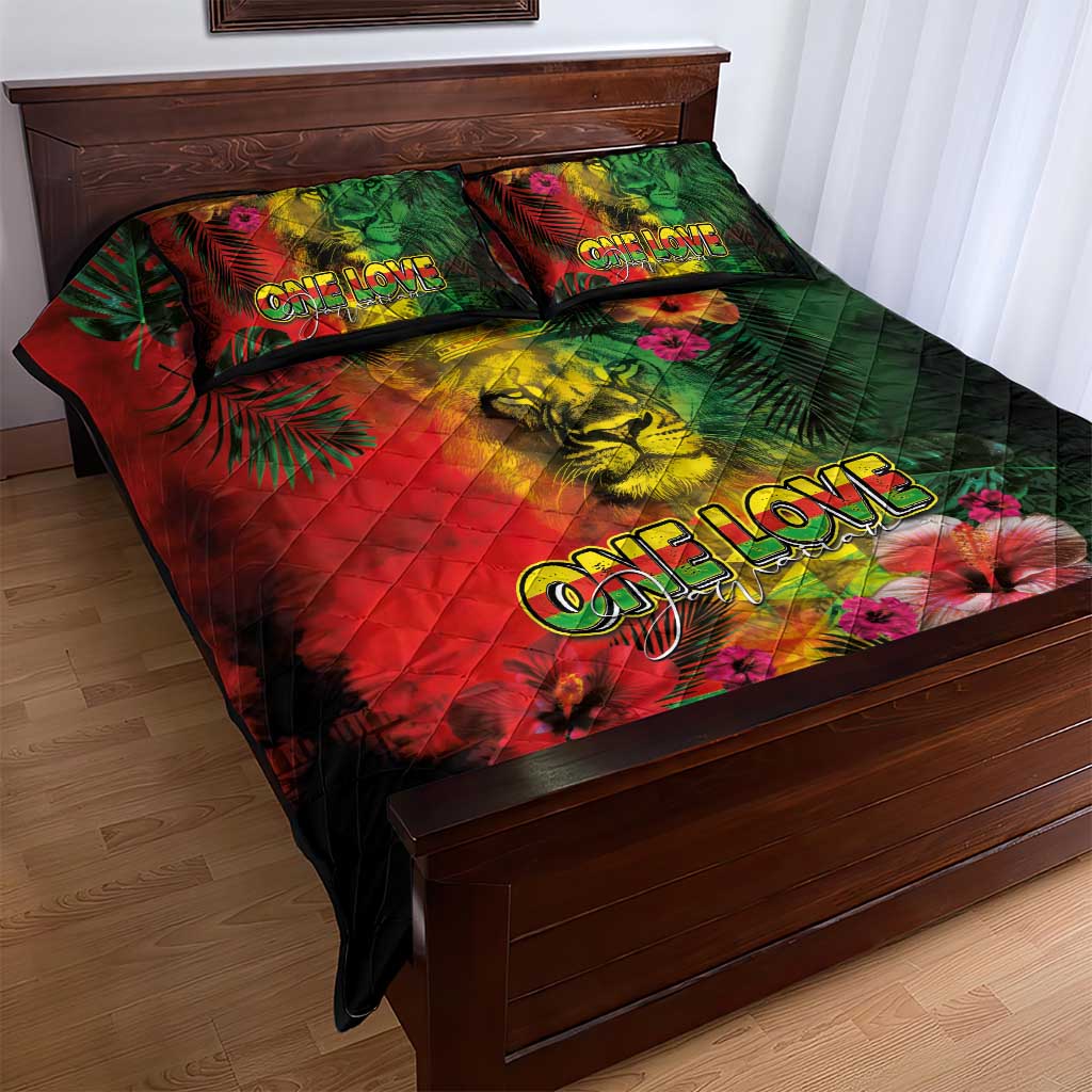 Hawaiian Reggae Quilt Bed Set Tropical Plants and Tribal Kakau Tattoo-One Love Jawaiian