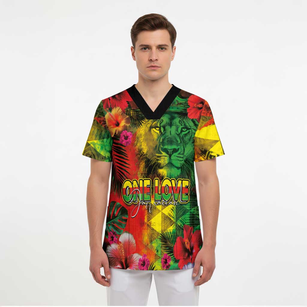 Hawaiian Reggae Scrub Top Tropical Plants and Tribal Kakau Tattoo-One Love Jawaiian - Polynesian Pride