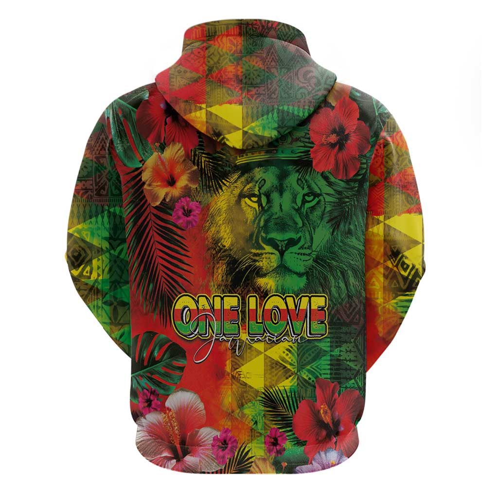 Hawaiian Reggae Zip Hoodie Tropical Plants and Tribal Kakau Tattoo-One Love Jawaiian