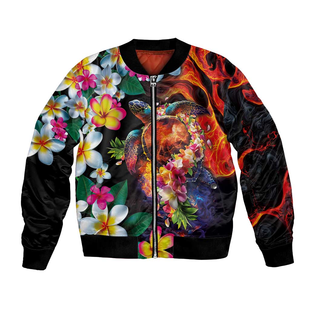 Hawaiian Lei Day Bomber Jacket Colorful Plumeria and Volcanic Turtle with Abstract Lava Texture LT03 Unisex Black - Polynesian Pride