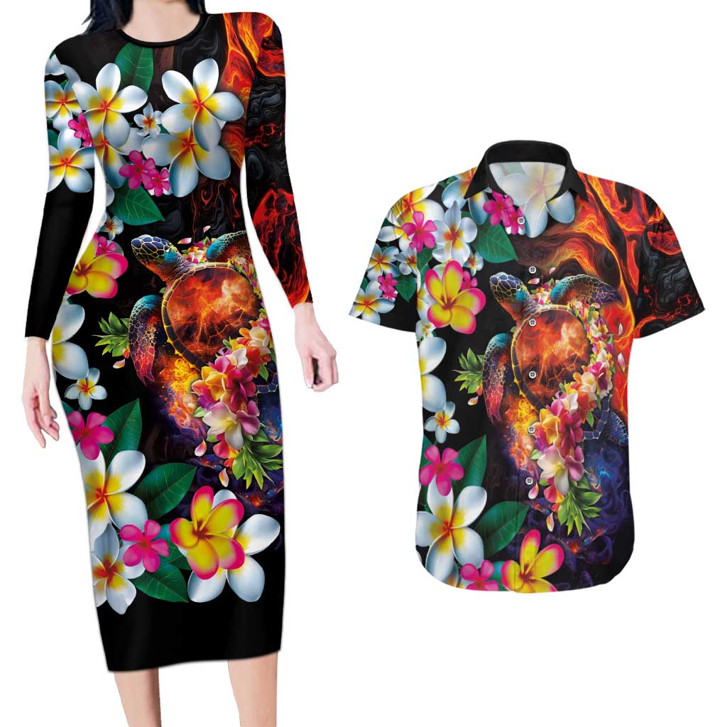 hawaiian bodycon dress Hawaiian Lei Day Couples Matching Long Sleeve Bodycon Dress and Hawaiian  Shirt Colorful Plumeria and Volcanic Turtle with Abstract Lava Texture