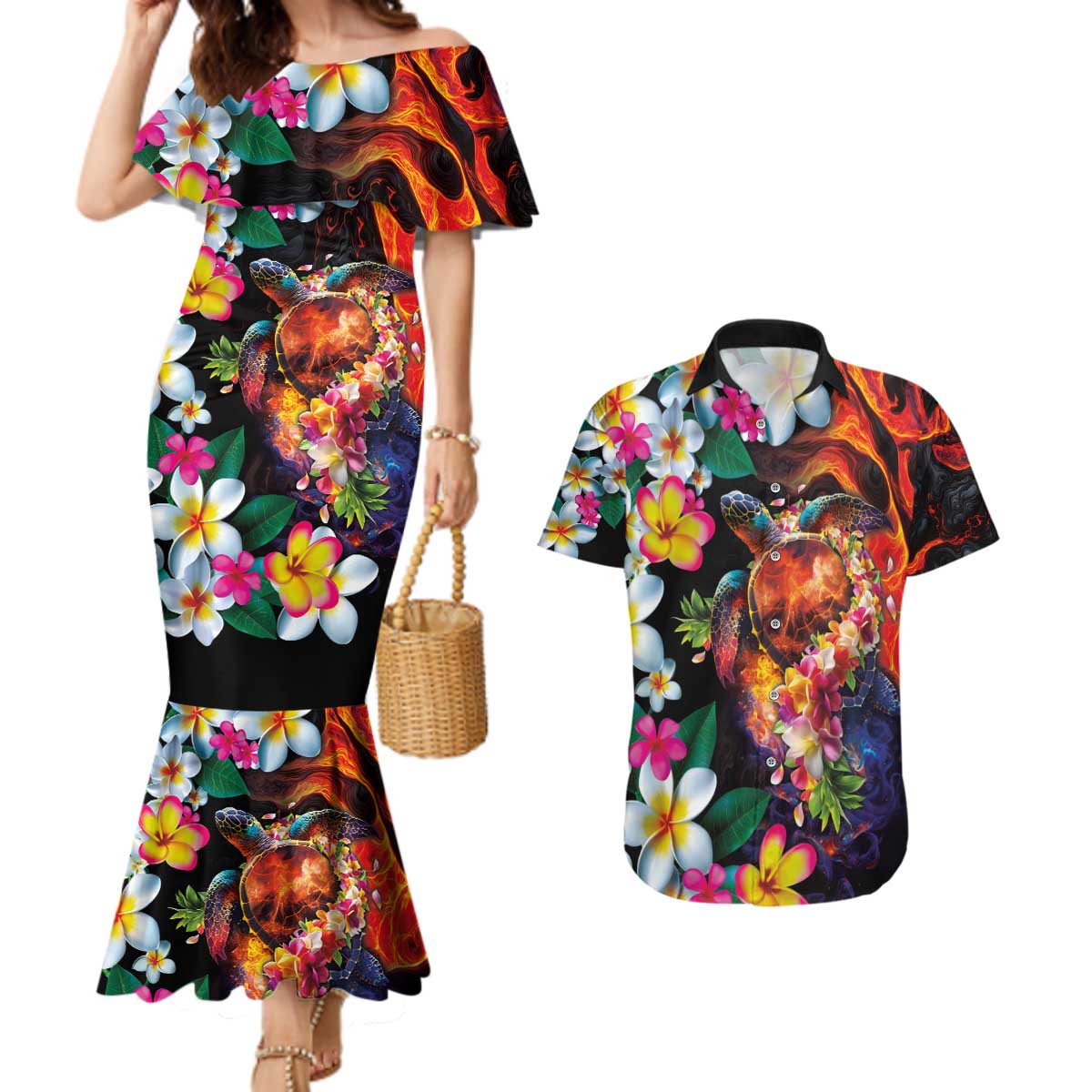 Hawaiian Lei Day Couples Matching Mermaid Dress and Hawaiian Shirt Colorful Plumeria and Volcanic Turtle with Abstract Lava Texture