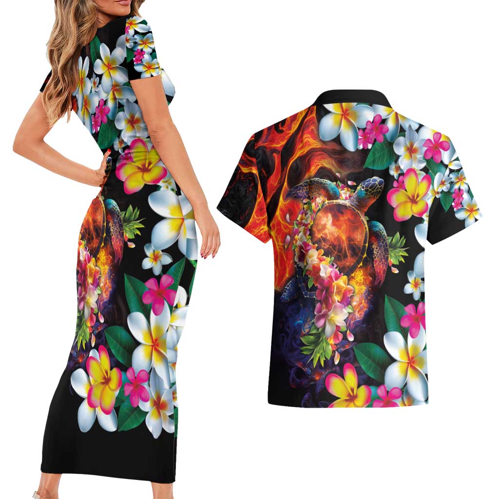 Hawaiian Lei Day Couples Matching Short Sleeve Bodycon Dress and Hawaiian Shirt Colorful Plumeria and Volcanic Turtle with Abstract Lava Texture