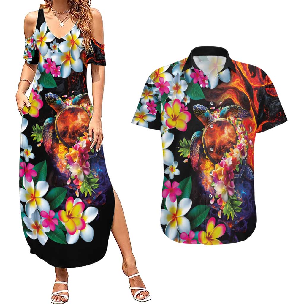 Hawaiian Lei Day Couples Matching Summer Maxi Dress and Hawaiian Shirt Colorful Plumeria and Volcanic Turtle with Abstract Lava Texture