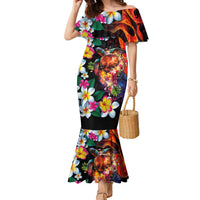 Hawaiian Lei Day Family Matching Mermaid Dress and Hawaiian Shirt Colorful Plumeria and Volcanic Turtle with Abstract Lava Texture
