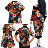 Hawaiian Lei Day Family Matching Off The Shoulder Long Sleeve Dress and Hawaiian Shirt Colorful Plumeria and Volcanic Turtle with Abstract Lava Texture