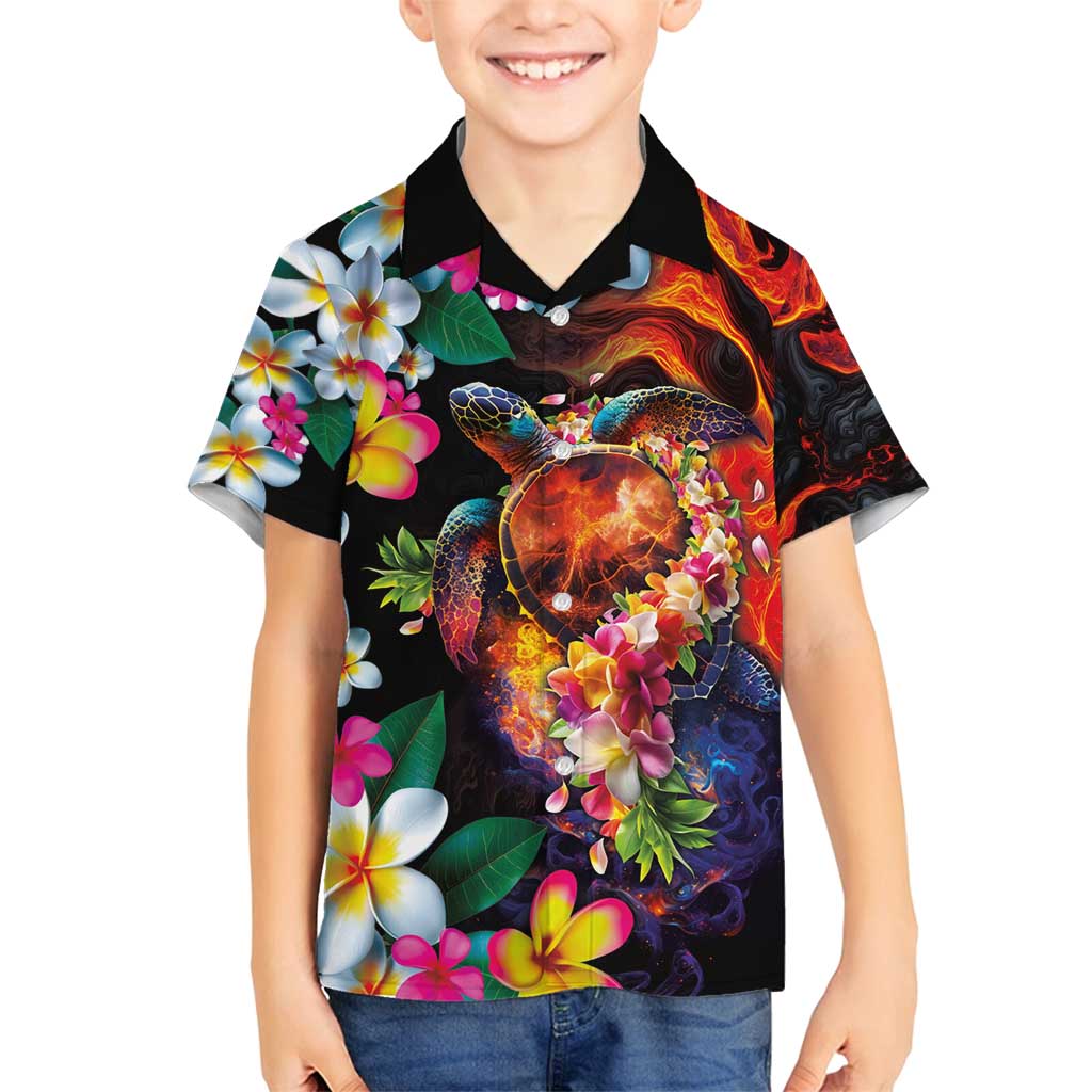 Hawaiian Lei Day Family Matching Off Shoulder Short Dress and Hawaiian Shirt Colorful Plumeria and Volcanic Turtle with Abstract Lava Texture