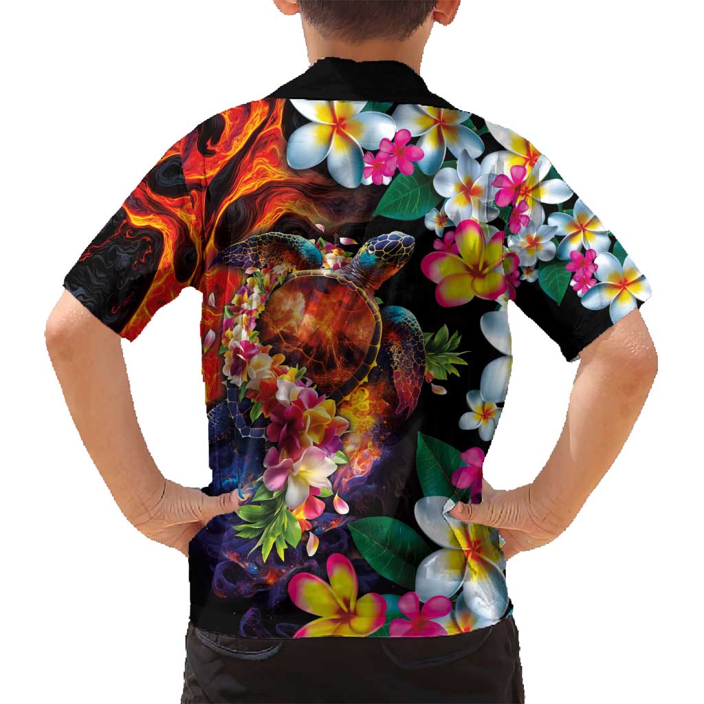 Hawaiian Lei Day Family Matching Tank Maxi Dress and Hawaiian Shirt Colorful Plumeria and Volcanic Turtle with Abstract Lava Texture