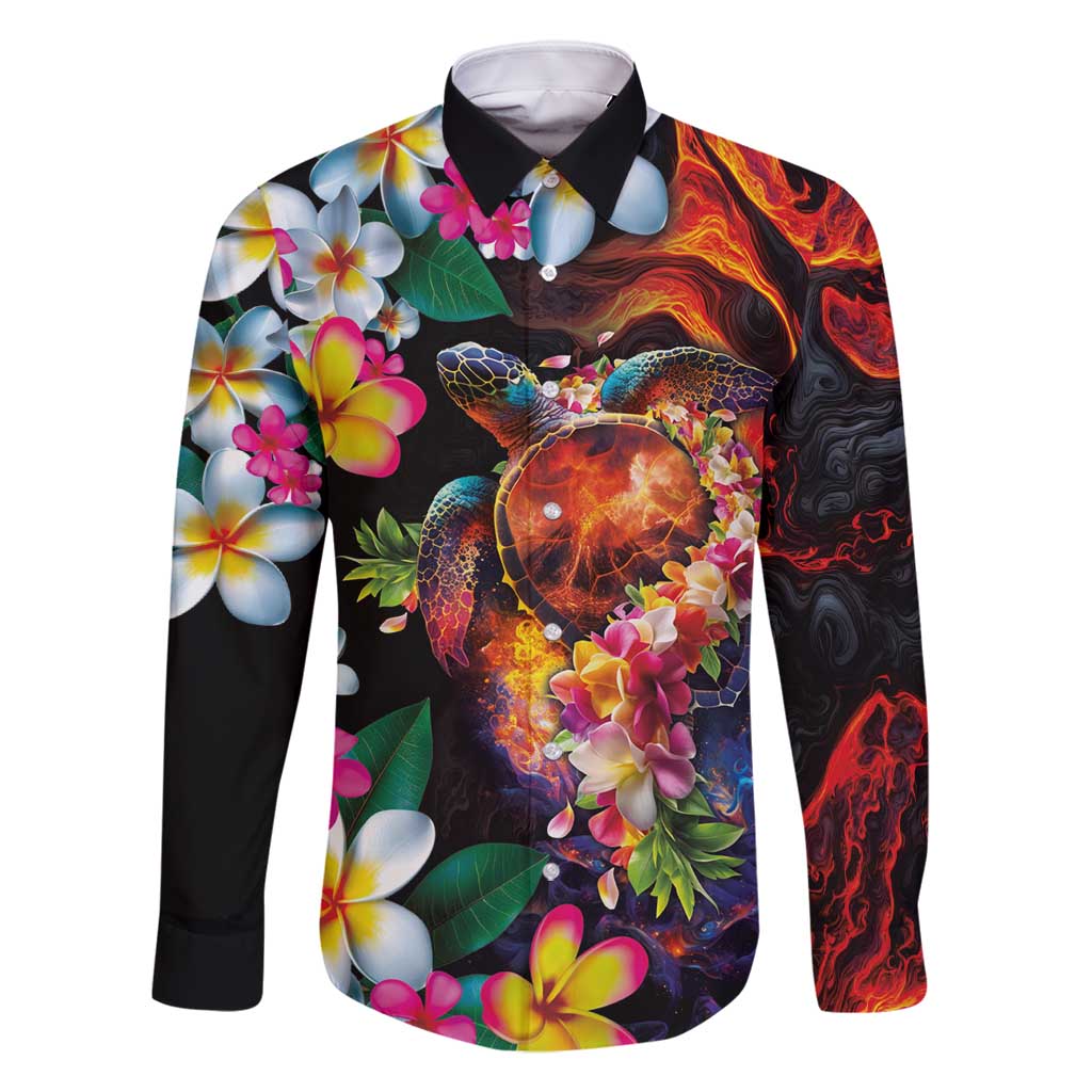 Hawaiian Lei Day Family Matching Tank Maxi Dress and Hawaiian Shirt Colorful Plumeria and Volcanic Turtle with Abstract Lava Texture