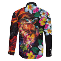 Hawaiian Lei Day Family Matching Tank Maxi Dress and Hawaiian Shirt Colorful Plumeria and Volcanic Turtle with Abstract Lava Texture