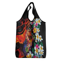 Hawaiian Lei Day Grocery Bag Colorful Plumeria and Volcanic Turtle with Abstract Lava Texture