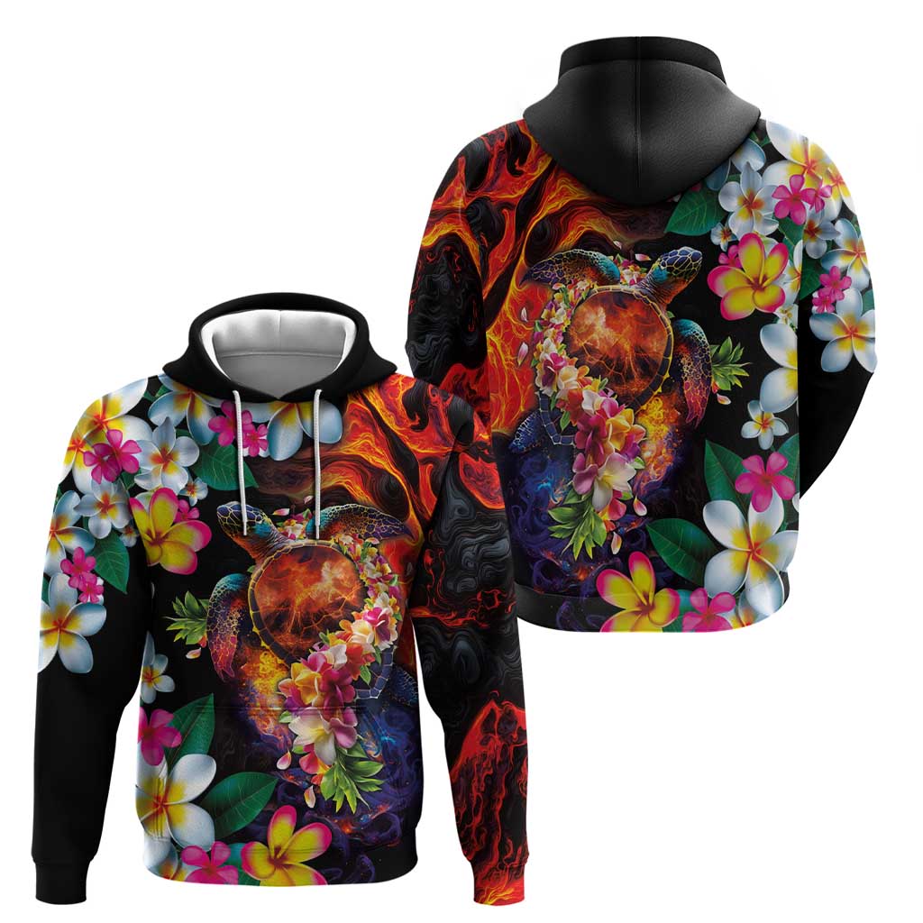 Hawaiian Lei Day Hoodie Colorful Plumeria and Volcanic Turtle with Abstract Lava Texture