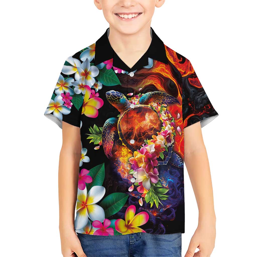 Hawaiian Lei Day Kid Hawaiian Shirt Colorful Plumeria and Volcanic Turtle with Abstract Lava Texture