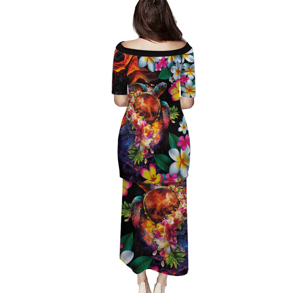 Hawaiian Lei Day Puletasi Colorful Plumeria and Volcanic Turtle with Abstract Lava Texture