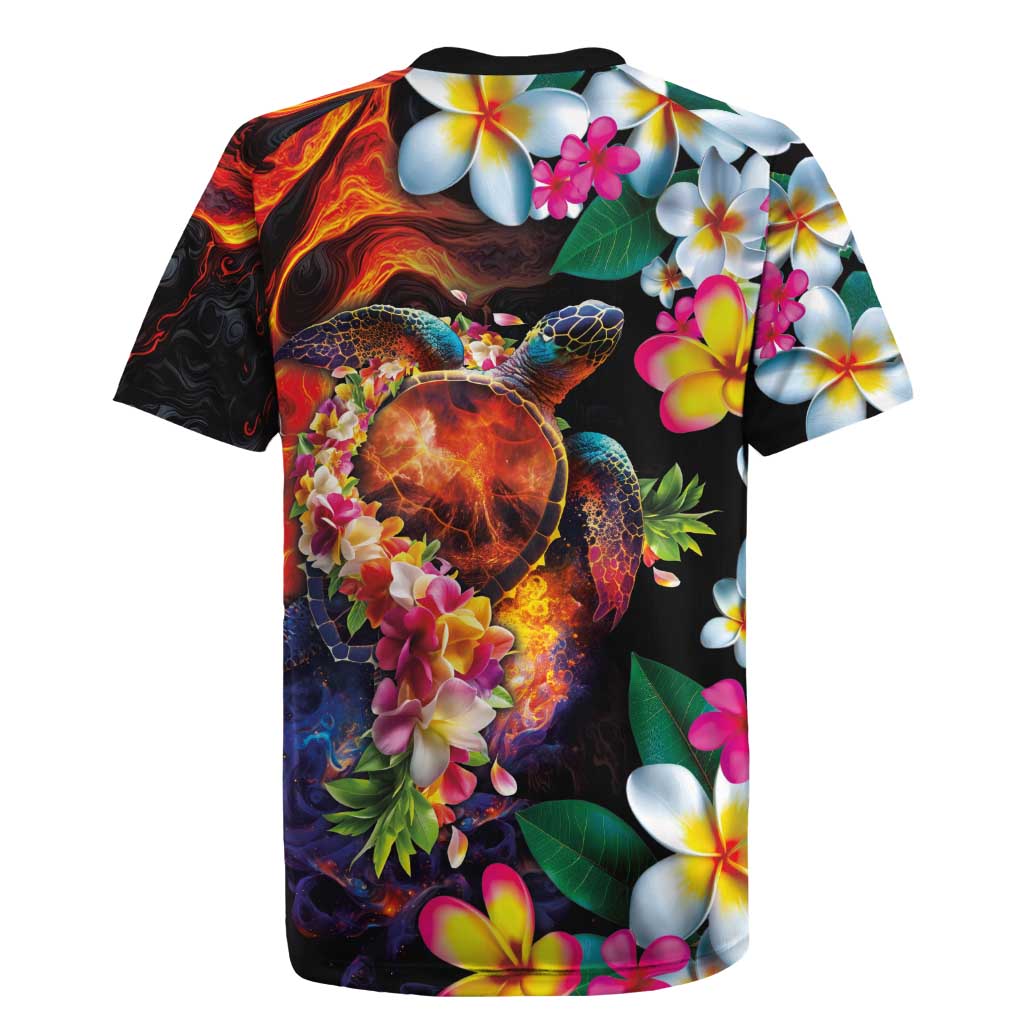 Hawaiian Lei Day Rugby Jersey Colorful Plumeria and Volcanic Turtle with Abstract Lava Texture