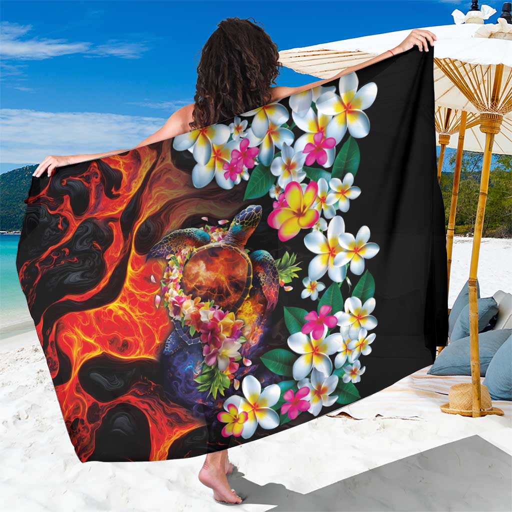 Hawaiian Lei Day Sarong Colorful Plumeria and Volcanic Turtle with Abstract Lava Texture LT03 One Size 44 x 66 inches Black - Polynesian Pride