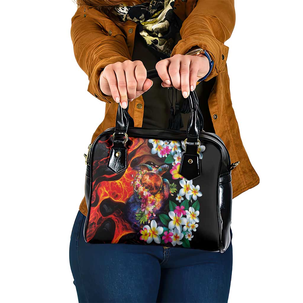 Hawaiian Lei Day Shoulder Handbag Colorful Plumeria and Volcanic Turtle with Abstract Lava Texture LT03 One Size Black - Polynesian Pride