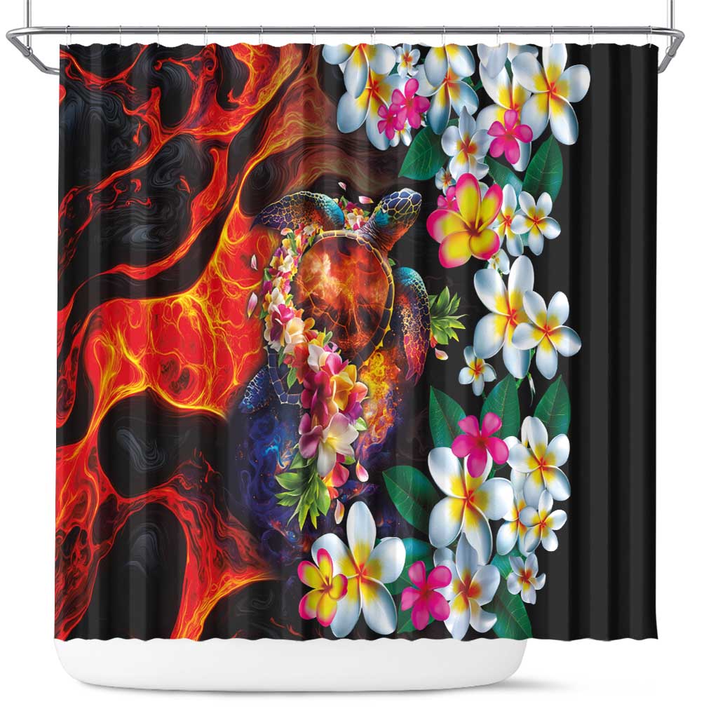 Hawaiian Lei Day Shower Curtain Colorful Plumeria and Volcanic Turtle with Abstract Lava Texture LT03 Black - Polynesian Pride
