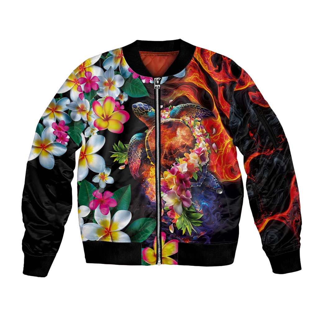 Hawaiian Lei Day Sleeve Zip Bomber Jacket Colorful Plumeria and Volcanic Turtle with Abstract Lava Texture LT03 Unisex Black - Polynesian Pride