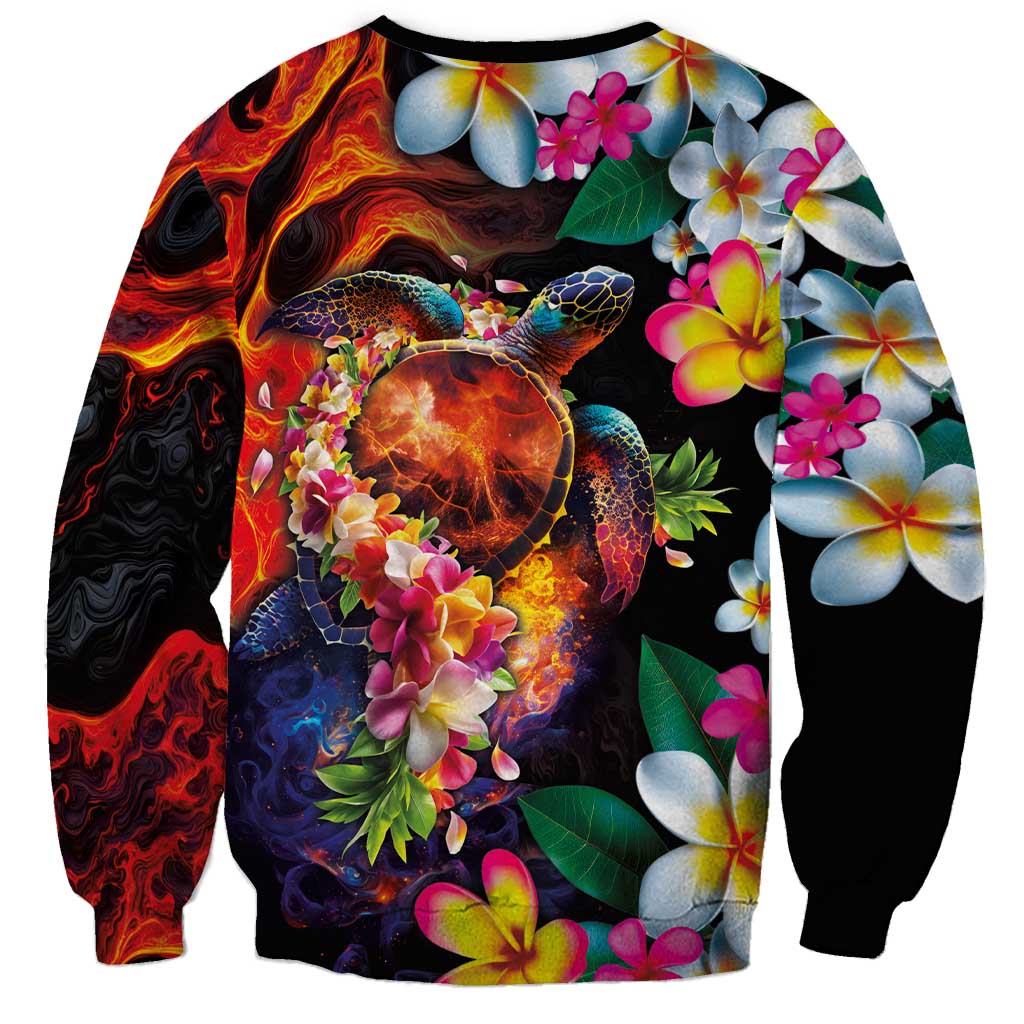 Hawaiian Lei Day Sweatshirt Colorful Plumeria and Volcanic Turtle with Abstract Lava Texture